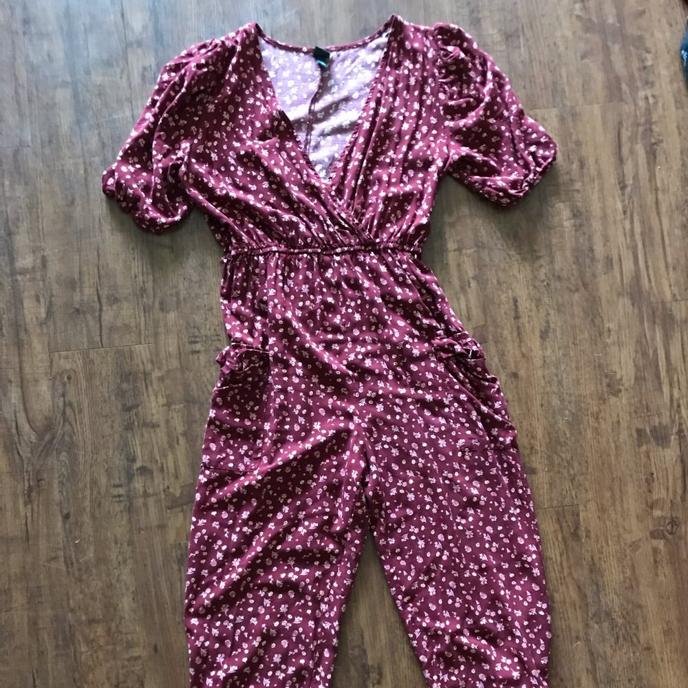burgundy floral jumpsuit
